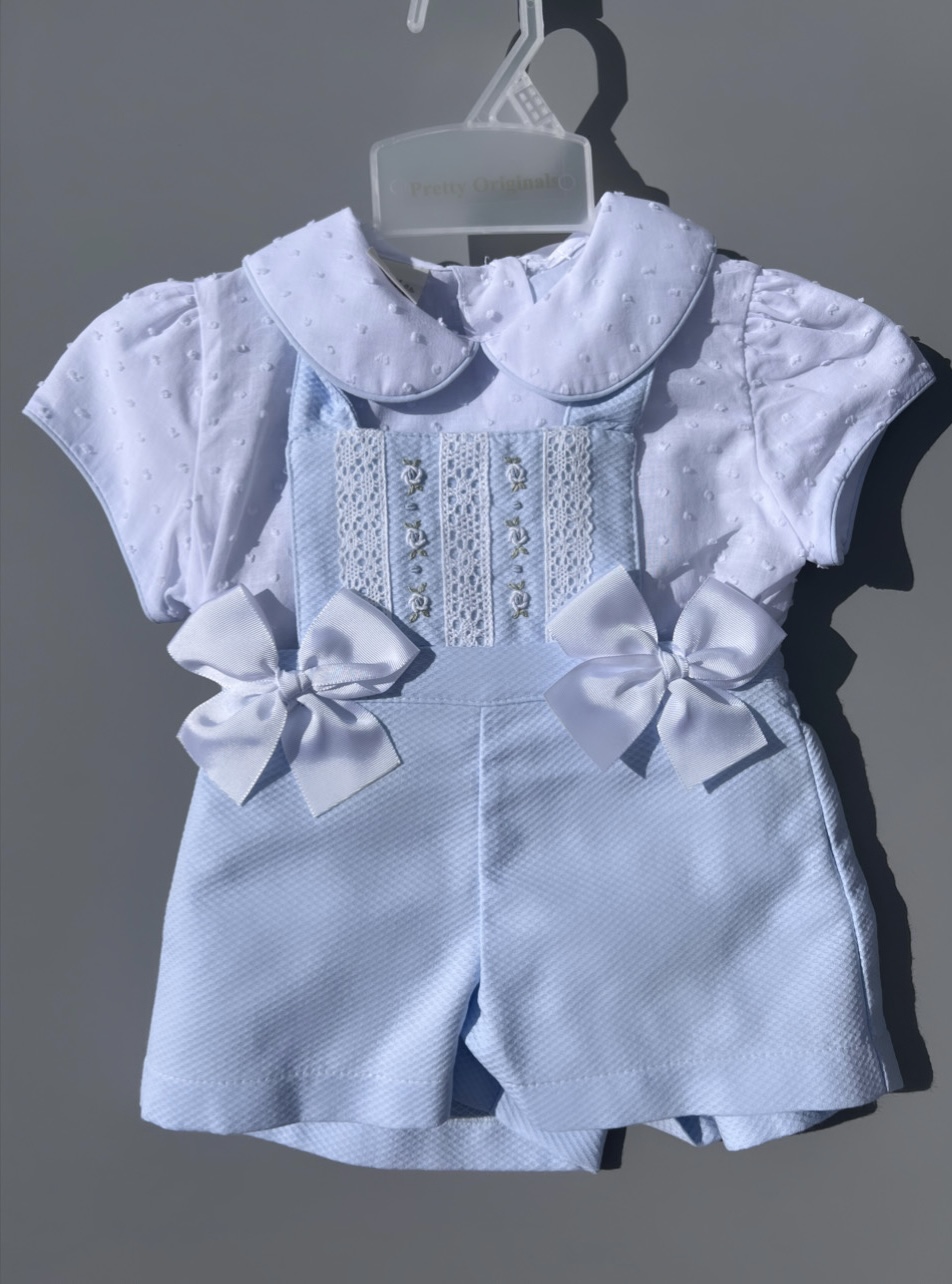 Pretty Originals Blue Floral Dungaree Peice with White Plumetis Top
