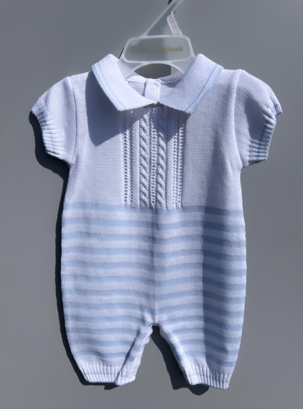 Pretty Originals Boys Blue & White Striped Footless Knit Suit