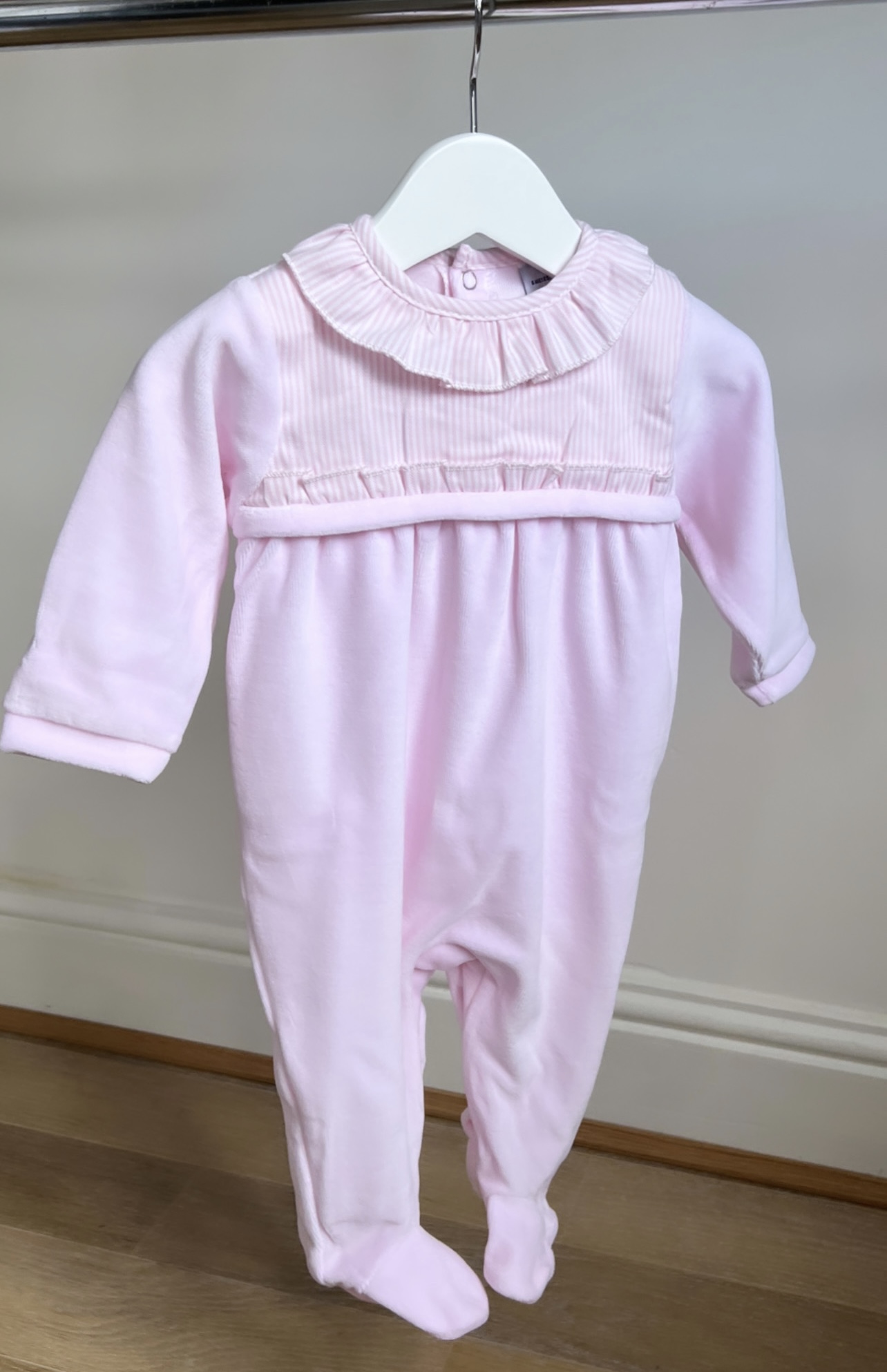 Babidu Pink Velour Collared Babygrow with Pink Candy Stripes