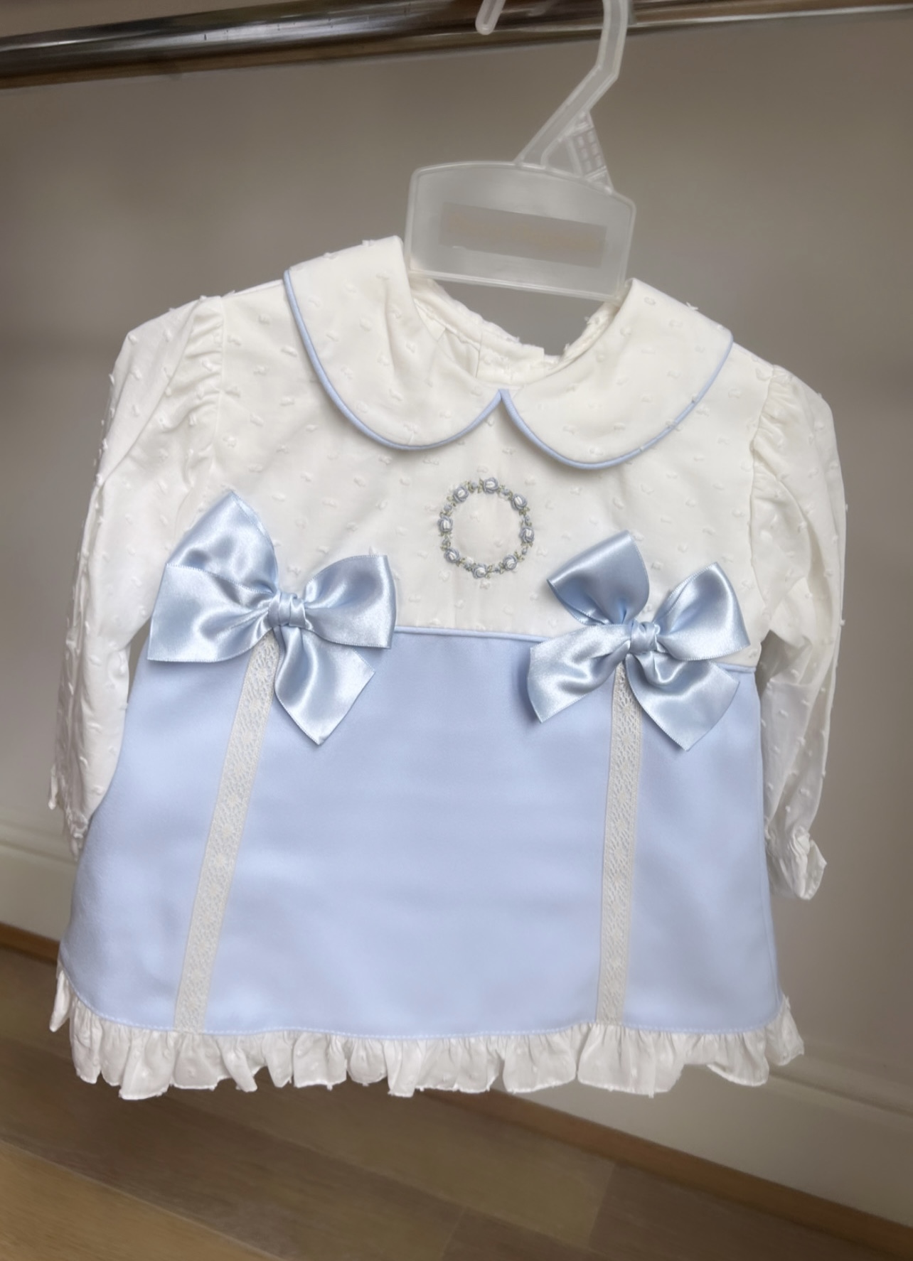 Pretty Originals  Plumetis Bow White & Blue Dress