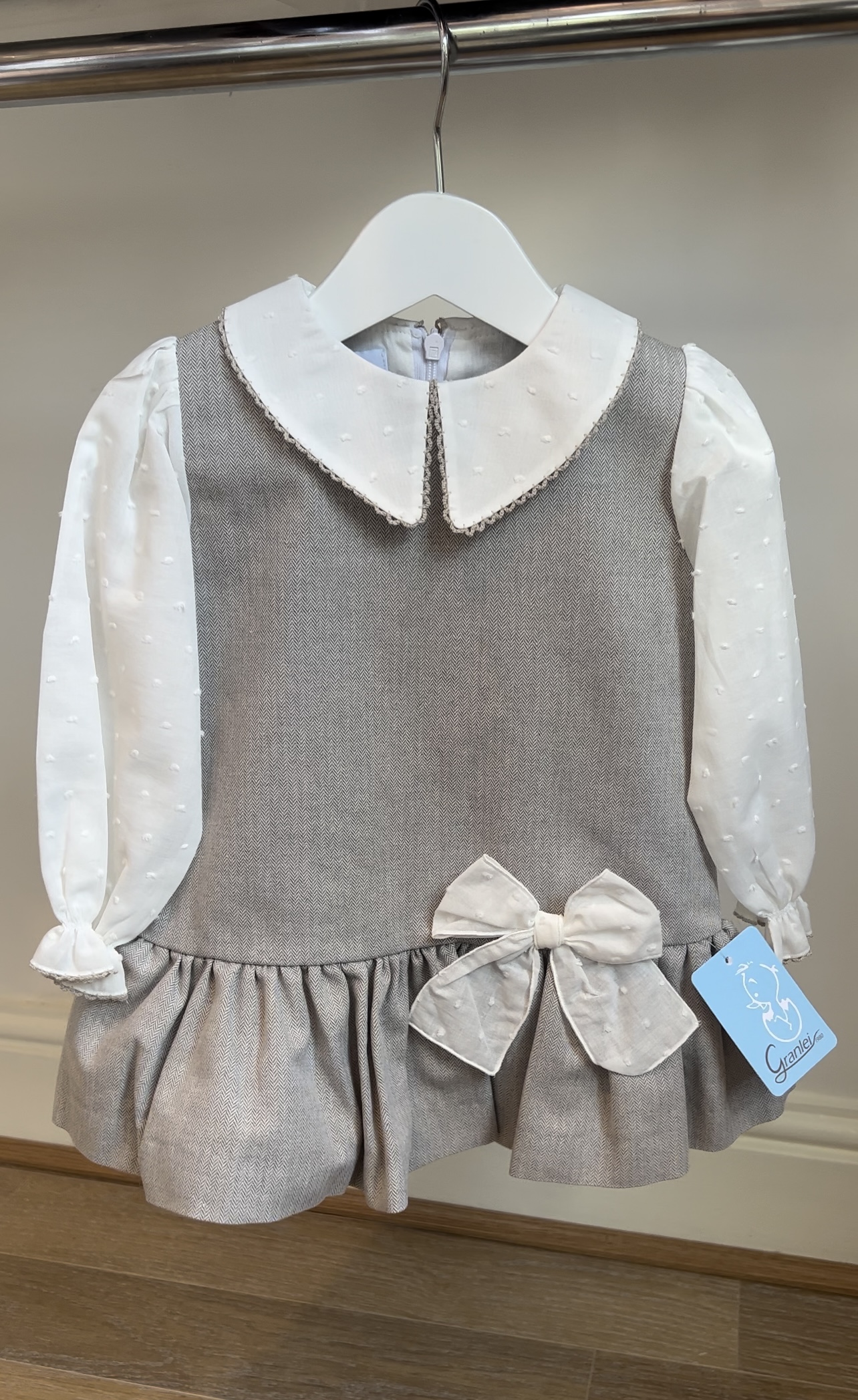 Granlei Girls Beige Fabric Dress with White Dot Collar